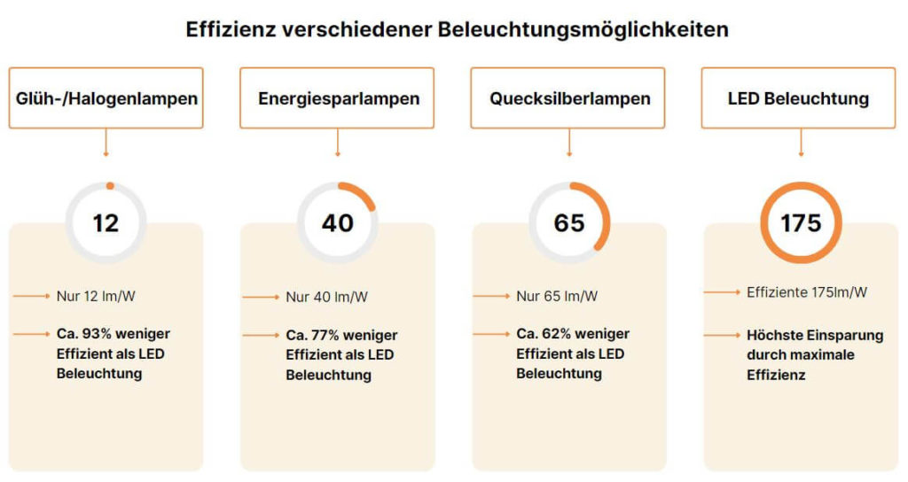 Vergleich Effzienz verschiedener Beleuchtungsoptionen: Glühlampe, Energiesparlampe, Quecksilberdampflampen und LED Beleuchtung.