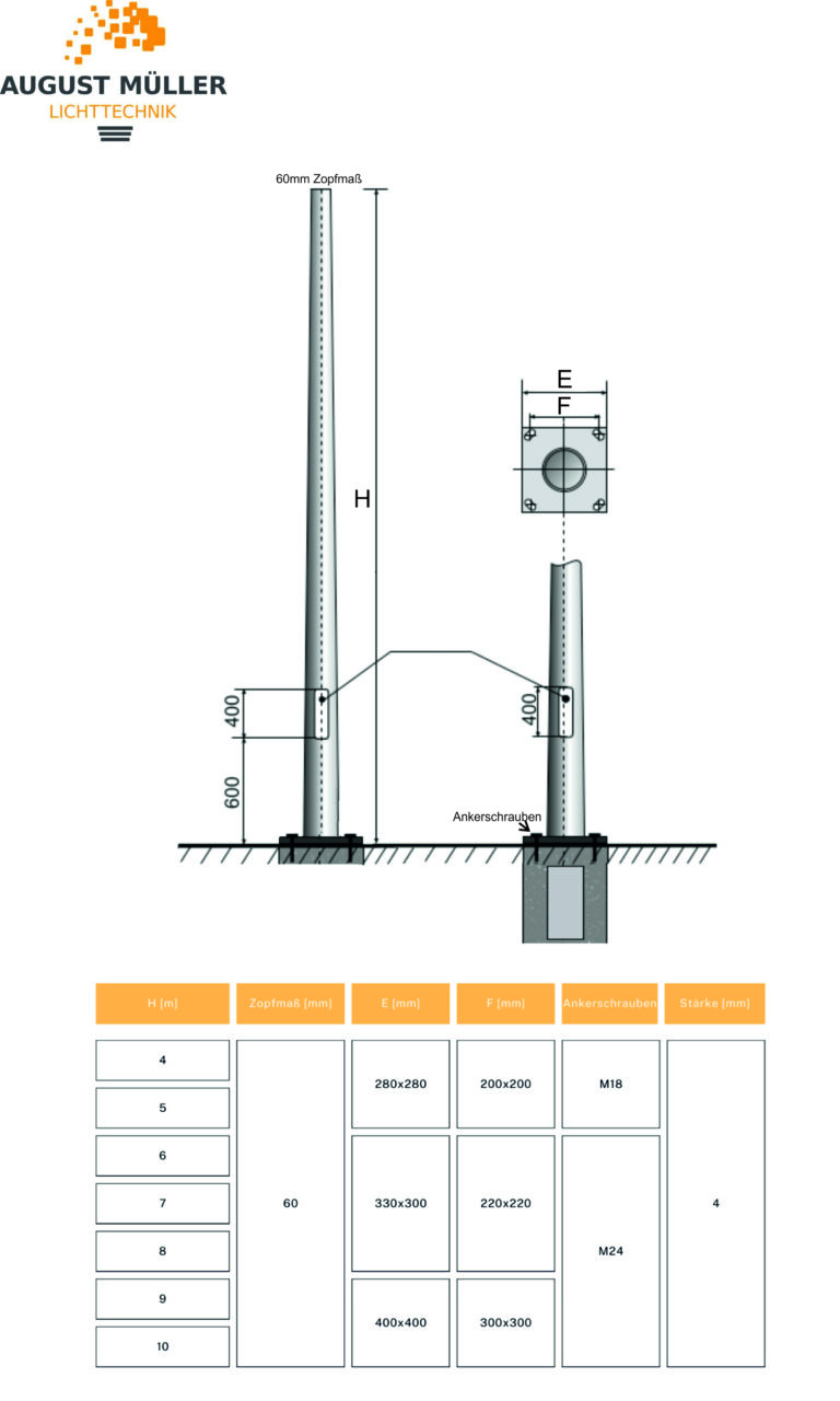 Hochwertiger Beleuchtungsmast mit technischen Daten – robust, wetterfest und ideal für Straßen- und Platzbeleuchtung.