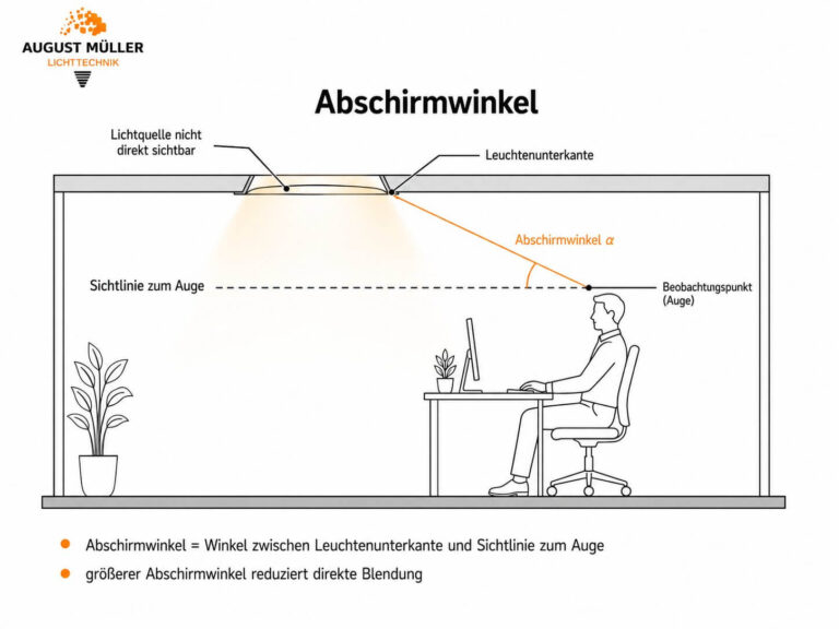 Grafik zum Abschirmwinkel bei Bürobeleuchtung: Der Winkel zwischen Leuchtenunterkante und Sichtlinie zum Auge zeigt, wann die Lichtquelle nicht direkt sichtbar ist.