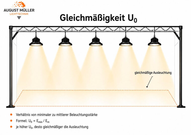 Grafik zur Gleichmäßigkeit U₀ bei Beleuchtung: Die gleichmäßige Ausleuchtung wird als Verhältnis von minimaler zu mittlerer Beleuchtungsstärke dargestellt.