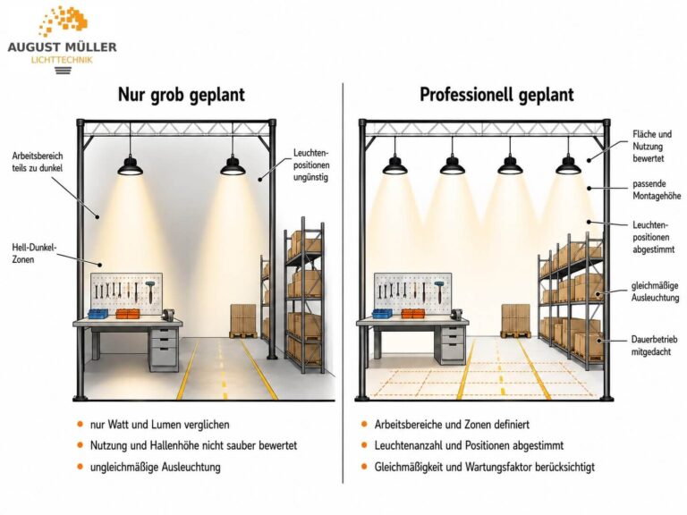 Vergleich zwischen grob geplanter und professionell geplanter LED Lichtplanung in einer Industriehalle