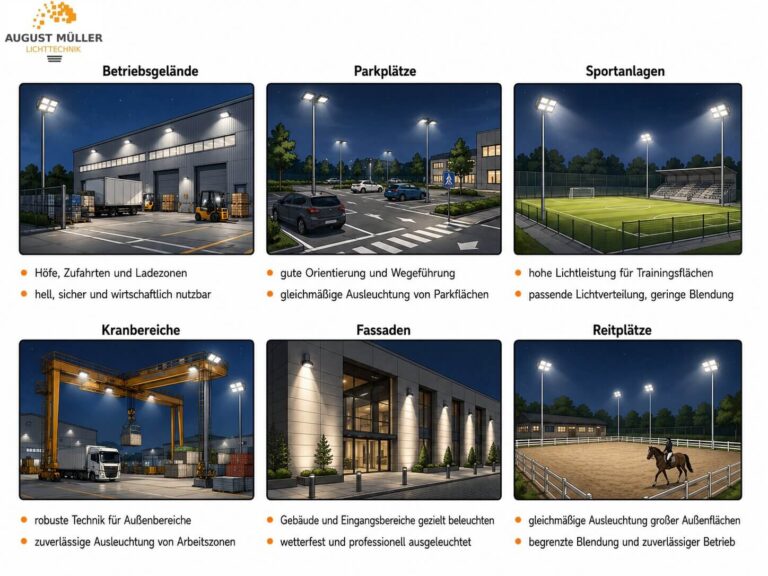 Einsatzbereiche von LED Flutlichtstrahlern auf Betriebsgeländen, Parkplätzen, Sportanlagen, Kranbereichen, Fassaden und Reitplätzen.