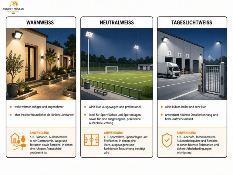 Vergleich der Lichtfarben Warmweiß, Neutralweiß und Tageslichtweiß bei LED Flutlichtstrahlern mit typischen Einsatzbereichen im Außenbereich.