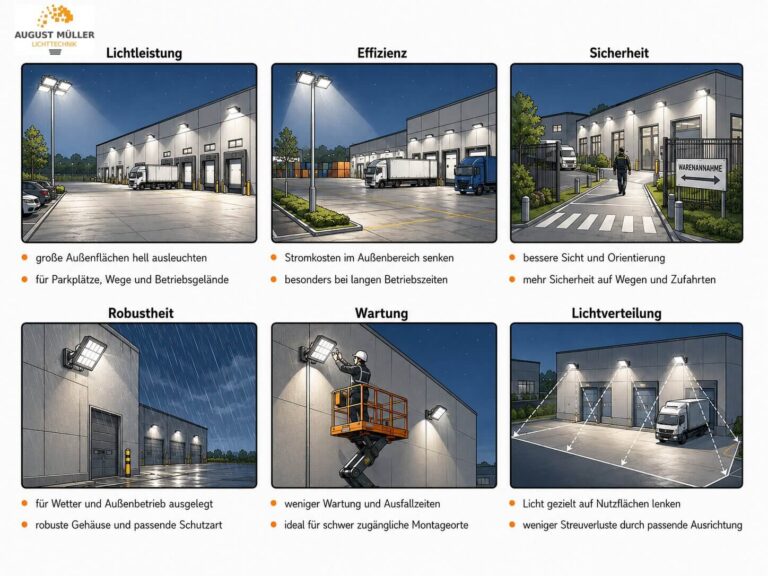 Vorteile von LED Flutlichtstrahlern für Außenbereiche: hohe Lichtleistung, gute Lichtverteilung, Energieeffizienz, Sicherheit, Robustheit und geringer Wartungsaufwand.