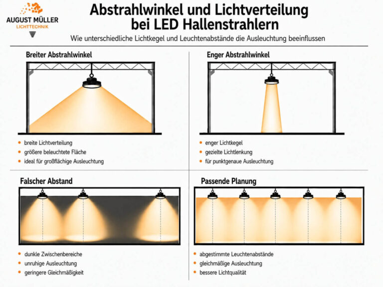 Lichtplanung für LED Hallenstrahler: Montagehöhe, Abstrahlwinkel und Leuchtenabstand bestimmen die Lichtverteilung in Hallen.