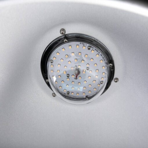 Nahaufnahme der LED-Chips im Inneren des AML HBB2 Hallenstrahlers, die die hochwertige Lichtquelle des Retro-Designs zeigen.