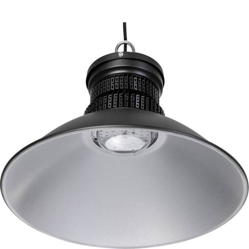 Seitenansicht des AML HBB2 Hallenstrahlers mit seinem breiten, glockenförmigen Reflektor und der freiliegenden Lichtquelle.