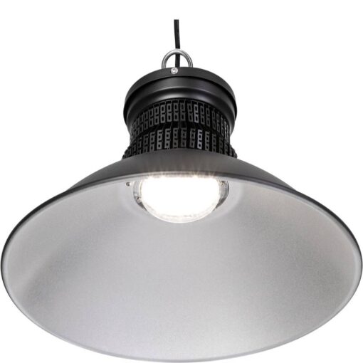 Ansicht des LED-Hallenstrahlers HBB2 im Retrofit-Design, der eine moderne Beleuchtung mit einem klassischen, glockenförmigen Gehäuse kombiniert.