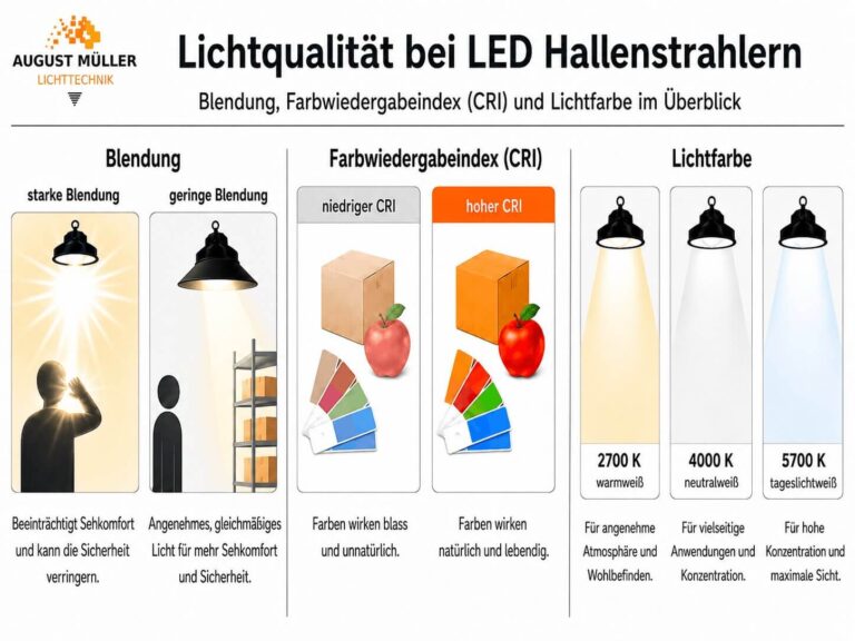 Lichtqualität bei LED Hallenstrahlern: Blendungsbegrenzung, Farbwiedergabeindex CRI und passende Lichtfarbe für professionelle Hallenbeleuchtung.