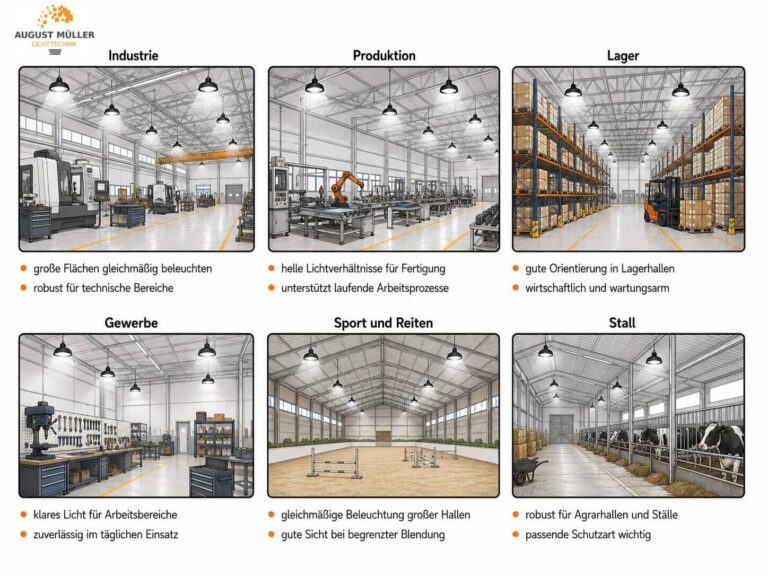 Einsatzbereiche von LED Hallenstrahlern in Industrie, Produktion, Lager, Gewerbe, Sport- und Reithallen sowie Ställen.