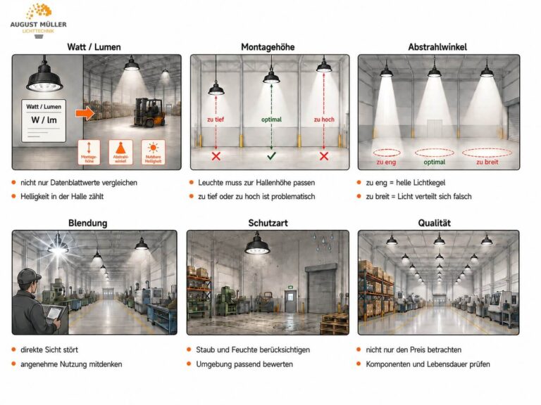 Häufige Fehler bei der Auswahl von LED Hallenstrahlern: Watt und Lumen isoliert bewerten, falsche Montagehöhe oder Abstrahlwinkel, Blendung, ungeeignete Schutzart und fehlende Qualitätsprüfung.