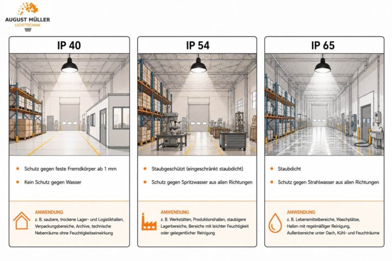 Vergleich der IP-Schutzarten IP40, IP54 und IP65 für LED Hallenstrahler in trockenen, leicht belasteten und feuchten Hallenbereichen.