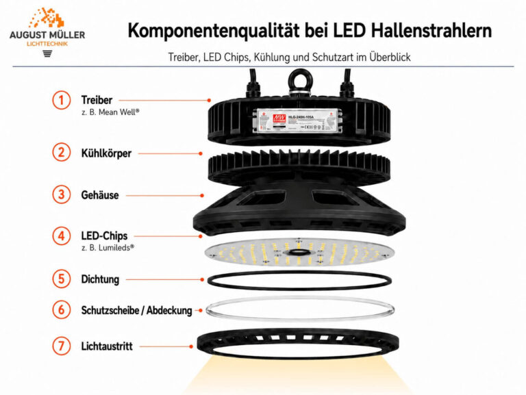 Aufbau eines professionellen LED Hallenstrahlers mit Treiber, LED Chips, Kühlkörper, Gehäuse, Dichtung, Schutzart und Lichtaustritt.