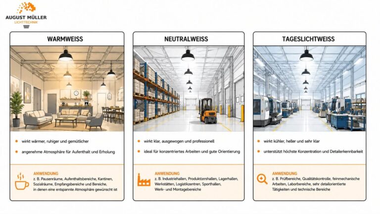 Vergleich der Lichtfarben Warmweiß, Neutralweiß und Tageslichtweiß bei LED Hallenstrahlern mit Lichtwirkung und geeigneten Einsatzbereichen.