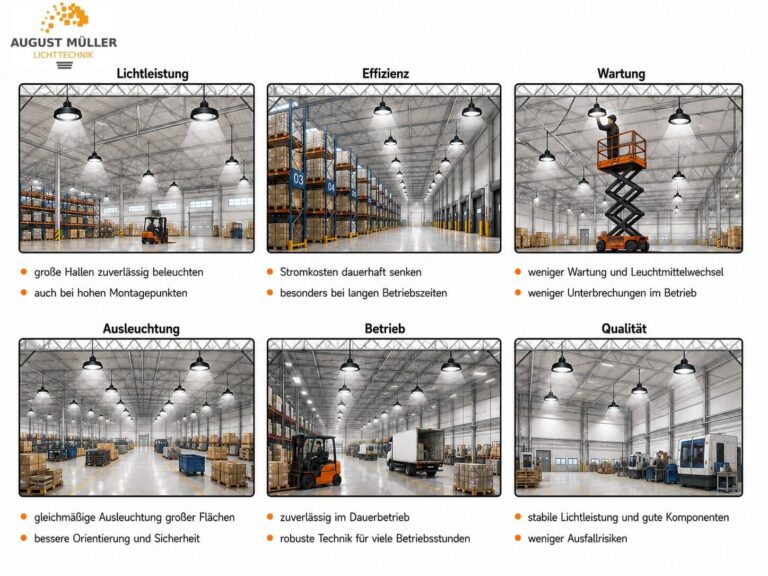 Vorteile von LED Hallenstrahlern für die Hallenbeleuchtung: hohe Lichtleistung, gleichmäßige Ausleuchtung, geringer Wartungsaufwand und zuverlässiger Betrieb.