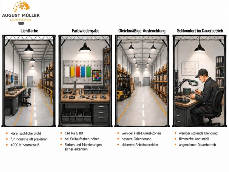Übersicht zur Lichtqualität bei LED Industriebeleuchtung mit Lichtfarbe, Farbwiedergabe, gleichmäßiger Ausleuchtung und Sehkomfort im Dauerbetrieb