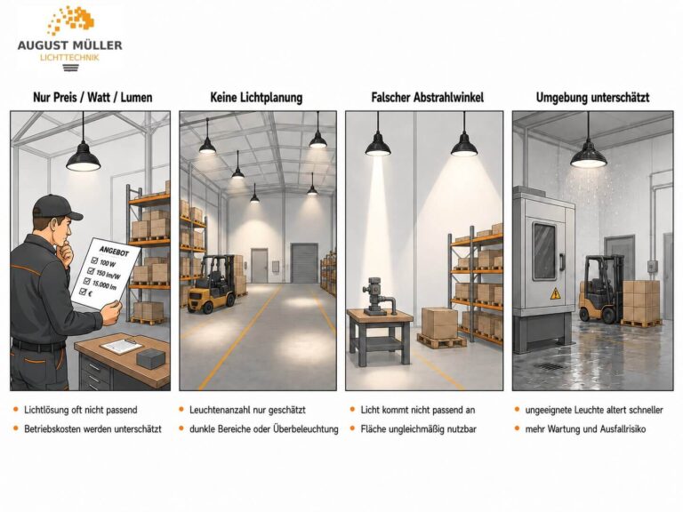 Grafik zu typischen Planungsfehlern bei LED Industriebeleuchtung wie reiner Preisvergleich, fehlende Lichtplanung, falscher Abstrahlwinkel und unterschätzte Umgebung