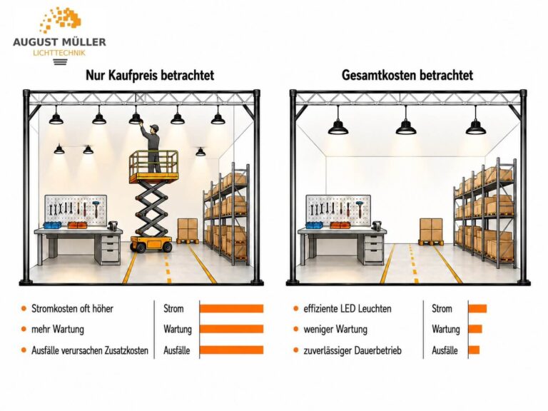 Vergleich der Lebenszykluskosten bei LED Industriebeleuchtung mit Stromkosten, Wartung und Ausfällen statt reiner Kaufpreisbetrachtung