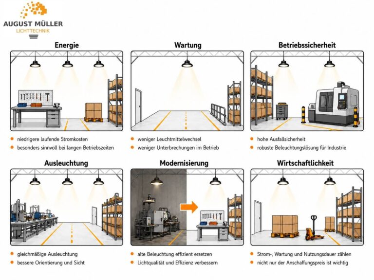 Übersicht zu Vorteilen von LED Industriebeleuchtung in Industriehallen mit Energie, Wartung, Betriebssicherheit, Ausleuchtung, Modernisierung und Wirtschaftlichkeit