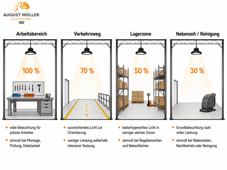 Grafik zur Dimmung von LED Industrieleuchten in Arbeitsbereich, Verkehrsweg, Lagerzone und Nebenzeit oder Reinigung