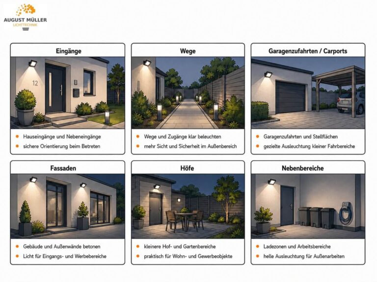 Einsatzbereiche von LED Strahlern bis 50 W an Eingängen, Wegen, Garagenzufahrten, Fassaden, Höfen und kleineren Außenbereichen.