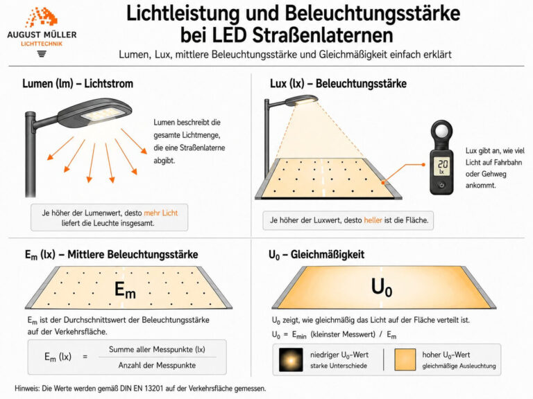 Infografik zu LED Straßenlaternen mit Erklärung von Lumen, Lux, mittlerer Beleuchtungsstärke und Gleichmäßigkeit für Verkehrsflächen.