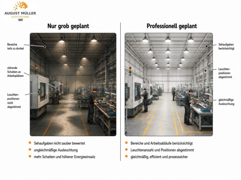 Vergleich grob und professionell geplanter LED-Produktionsbeleuchtung: abgestimmte Leuchtenpositionen verbessern Gleichmäßigkeit, Sehbedingungen und Energieeffizienz.