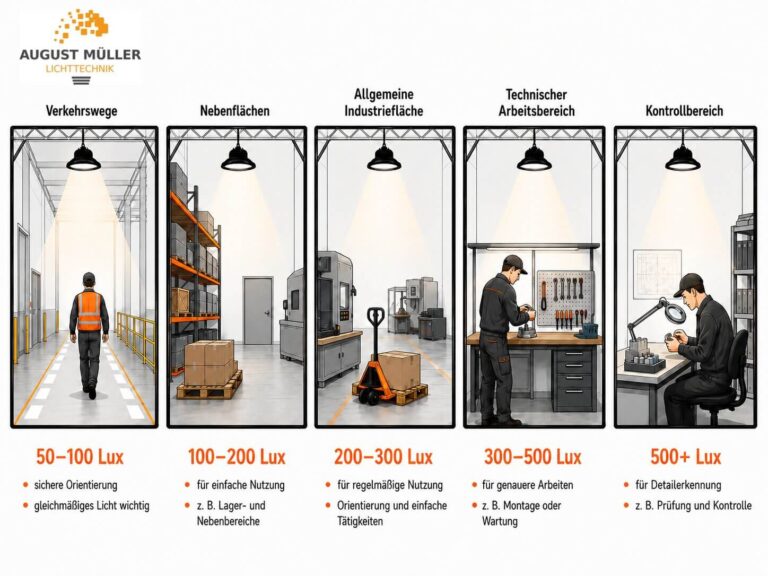 Grafik zu Lux-Werten in der Industriehalle für Verkehrswege, Nebenflächen, allgemeine Industrieflächen, technische Arbeitsbereiche und Kontrollbereiche
