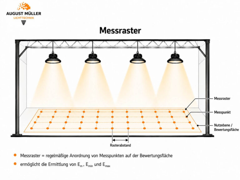 Grafik zum Messraster mit regelmäßig angeordneten Messpunkten auf der Bewertungsfläche.
