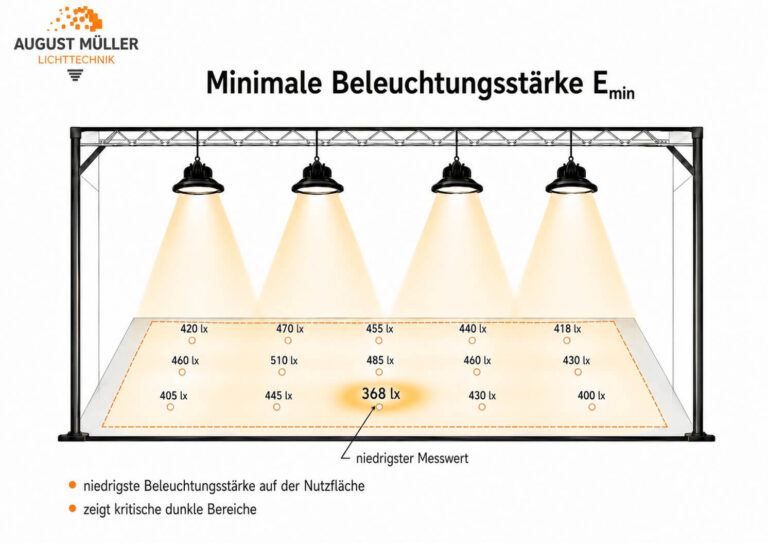 Grafik zur minimalen Beleuchtungsstärke Eₘᵢₙ: Der niedrigste Messwert auf der Nutzfläche ist markiert und zeigt kritische dunkle Bereiche.
