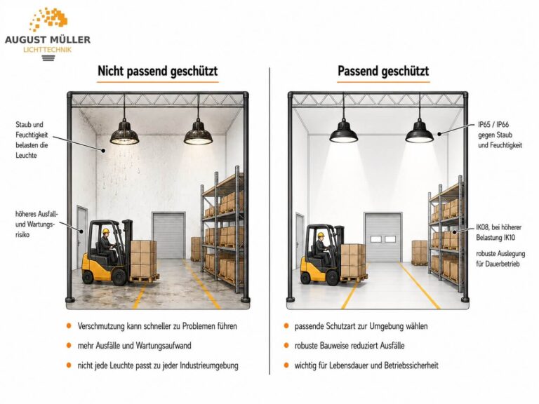 Grafik zur Schutzart und Robustheit von LED Industrieleuchten mit Vergleich zwischen nicht passend und passend geschützter Industriehalle