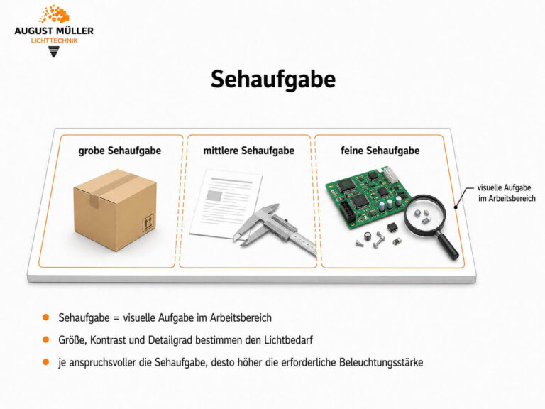 Grafik zur Sehaufgabe mit Beispielen für grobe, mittlere und feine visuelle Aufgaben im Arbeitsbereich.