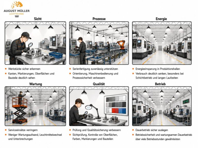 Vorteile professioneller LED-Produktionsbeleuchtung: bessere Sicht, sichere Prozesse, weniger Energie- und Wartungsaufwand, zuverlässige Qualitätsprüfung und sicherer Dauerbetrieb.