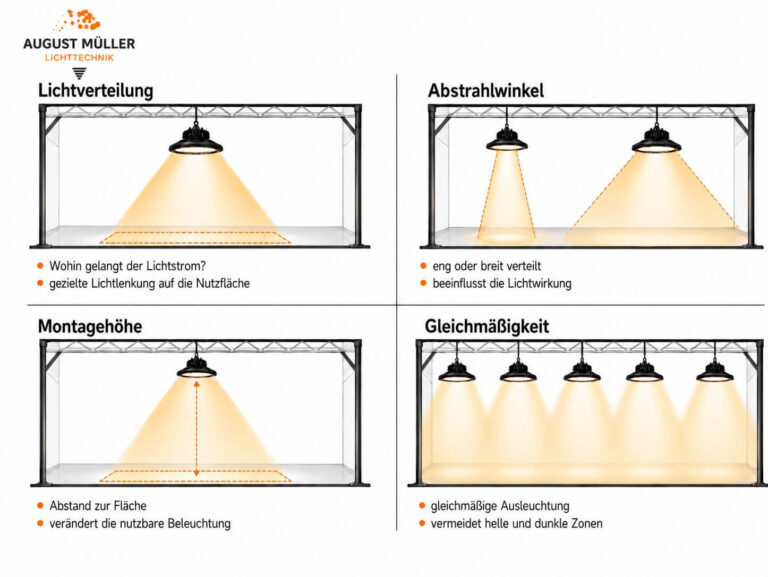 Grafik zeigt, warum der Lumenwert allein nicht ausreicht: Lichtverteilung, Abstrahlwinkel, Montagehöhe und Gleichmäßigkeit beeinflussen die nutzbare Lichtwirkung einer LED Leuchte.